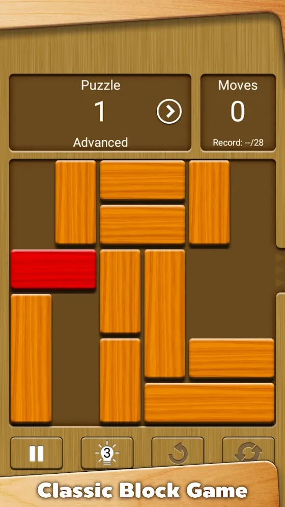 Unblock Me gameplay screenshot with sliding wooden blocks