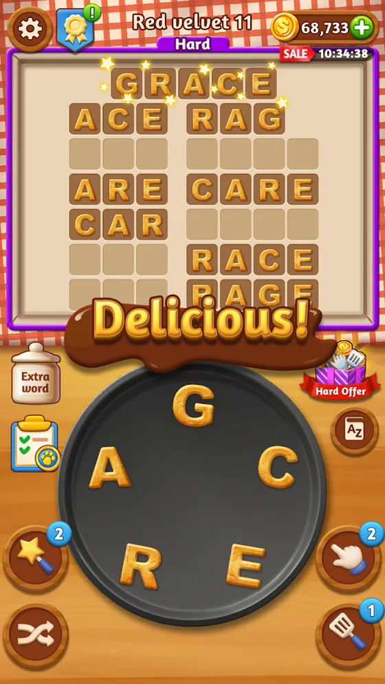 Word Cookies! gameplay screenshot with letter tiles on a wooden tray